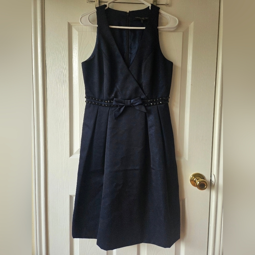Carmen Marc Valvo Navy Dress 6 Fit and Flare Rhinestone Bow V Neck